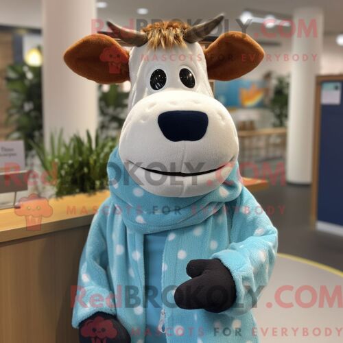 Costume De Mascotte Redbrokoly De Vache De Guernesey Cyan Habillé D Un Pull Et D Épingles À Châle