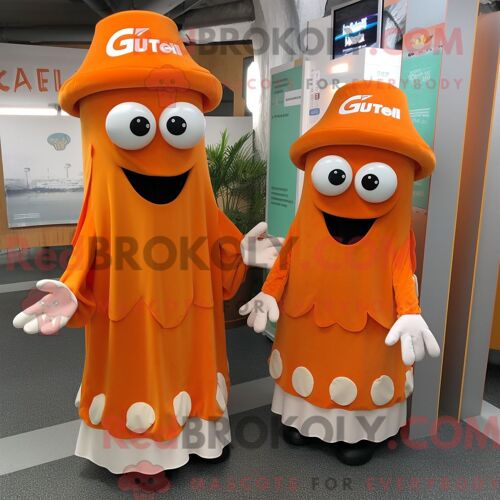 Costume De Mascotte Redbrokoly De Calamars Frits Orange Personnage Habillé Avec Une Robe Taille Empire Et Des Mitaines
