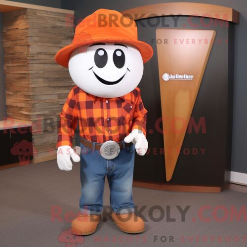 Costume De Mascotte Redbrokoly De Bague De Fiançailles Orange Personnage Habillé D Une Chemise En Flanelle Et D Épingles À Chapeau