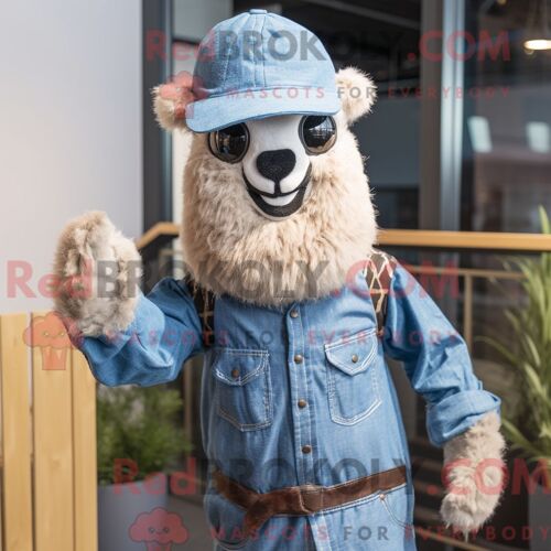 Costume Mascotte Redbrokoly D Alpaga Bleu Personnage Habillé D Une Chemise En Chambray Et De Bonnets