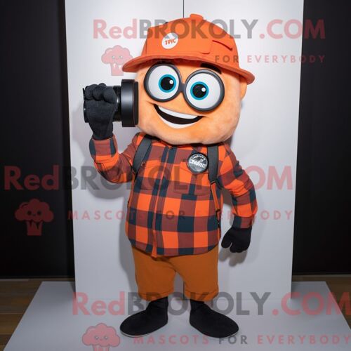 Personnage De Costume De Mascotte Redbrokoly D Appareil Photo Orange Habillé D Une Chemise En Flanelle Et De Sacs Messager