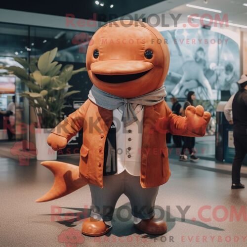 Personnage De Costume De Mascotte Redbrokoly De Baleine Rouille Habillé D Un Manteau Et De Pochettes De Costume