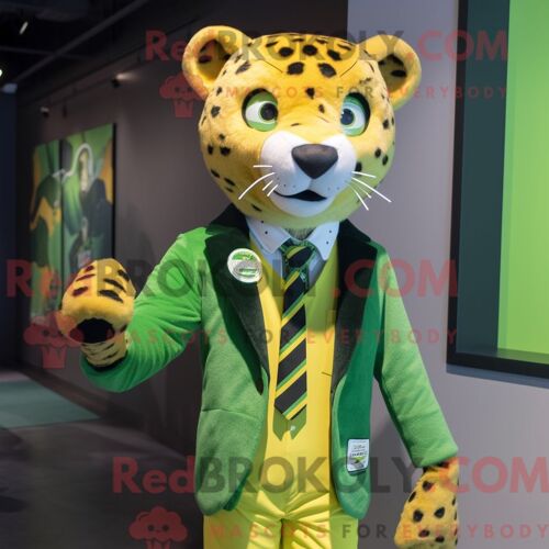 Costume De Mascotte Redbrokoly De Guépard Vert Personnage Habillé D Un T-Shirt Graphique Et D Épingles À Cravate