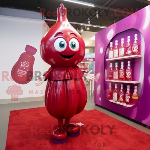 Personnage De Costume De Mascotte Redbrokoly De Bouteille De Ketchup Magenta Habillé Avec Une Combishort Et Des Colliers