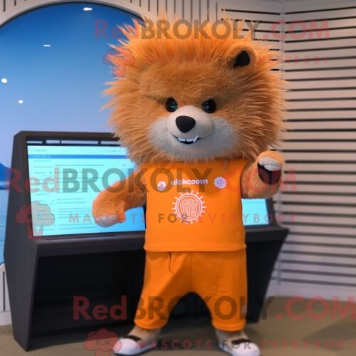 Costume De Mascotte Redbrokoly De Porc-Épic Orange Habillé D Un Maillot De Bain Une Pièce Et De Montres Numériques