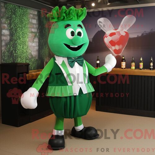 Costume De Mascotte Redbrokoly De But De Football Vert Forêt Personnage Habillé Avec Une Robe De Cocktail Et Des Noeuds Papillons