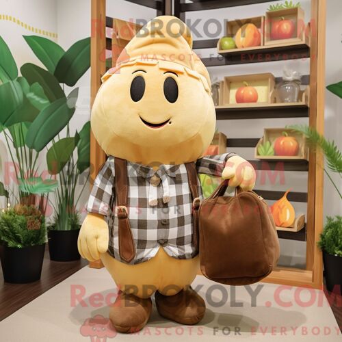 Costume Mascotte Redbrokoly De Mango Beige Habillé D Une Chemise En Flanelle Et De Sacs À Main