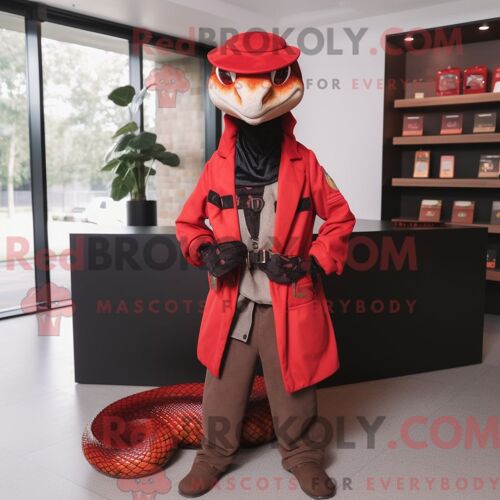 Costume De Mascotte Redbrokoly De Serpent Rouge Habillé D Une Veste Et De Ceintures