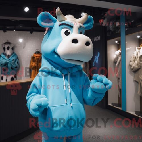 Costume De Mascotte Redbrokoly De Vache En Jersey Bleu Ciel Personnage Habillé Avec Un Sweat À Capuche Et Un Porte-Monnaie