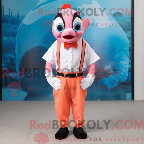 Costume De Mascotte Redbrokoly De Poisson Clown Rose Habillé D Une Chemise Oxford Et De Noeuds Papillons