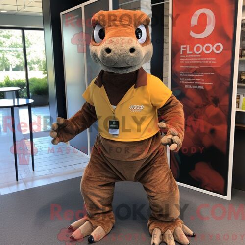 Costume De Mascotte Redbrokoly De Dragon De Komodo Rouillé Habillé D Un T-Shirt Henley Et D Un Porte-Monnaie