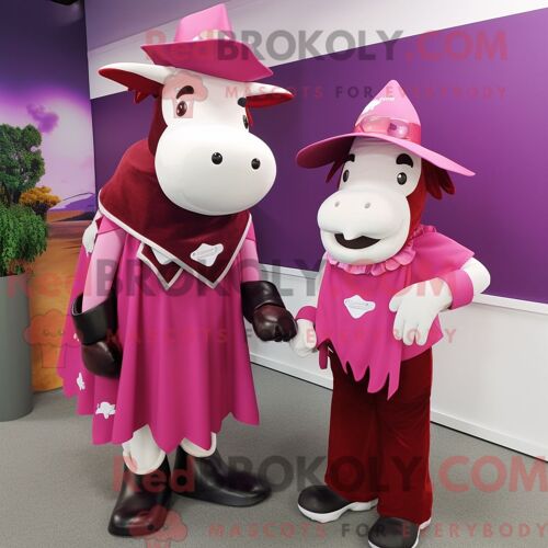 Costume De Mascotte Redbrokoly De Vache Hereford Magenta Personnage Habillé Avec Un Chemisier Et Des Chapeaux
