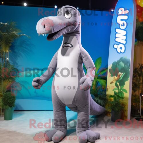 Costume Mascotte Redbrokoly De Brachiosaure Gris Personnage Habillé D Un Maillot De Bain Et De Bonnets