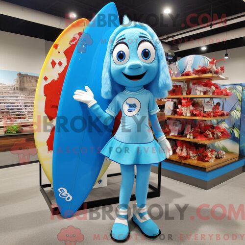 Costume Mascotte Redbrokoly De Planche De Surf Bleu Ciel Habillé D Un Chemisier Et De Montres