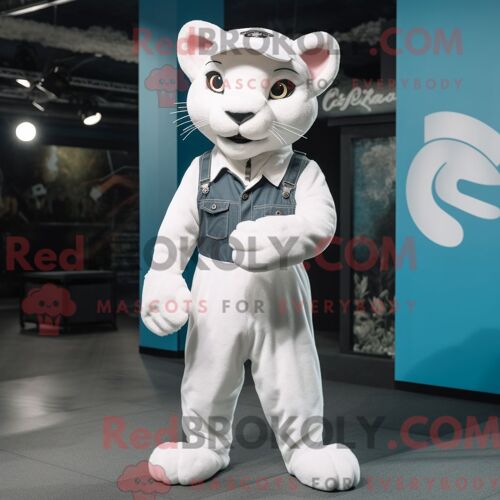Costume Mascotte Redbrokoly De Panthère Blanche Personnage Habillé Avec Une Salopette Et Des Bretelles