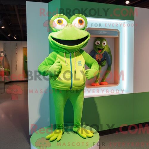 Costume Mascotte Redbrokoly De Grenouille Verte Personnage Habillé Avec Un Sweat-Shirt Et Des Épingles À Cheveux