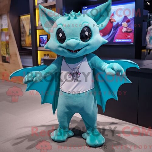 Costume Mascotte Redbrokoly De Chauve-Souris Turquoise Habillé D Un Débardeur Et De Pochettes De Costume