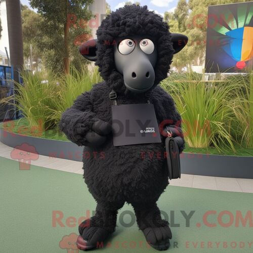 Mascotte Redbrokoly De Mouton Mérinos Noir Personnage Habillé Avec Une Jupe Crayon Et Des Montres Connectées
