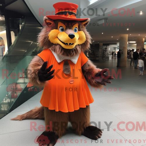 Costume De Mascotte Redbrokoly De Loup-Garou Orange Habillé Avec Une Jupe Trapèze Et Des Chapeaux