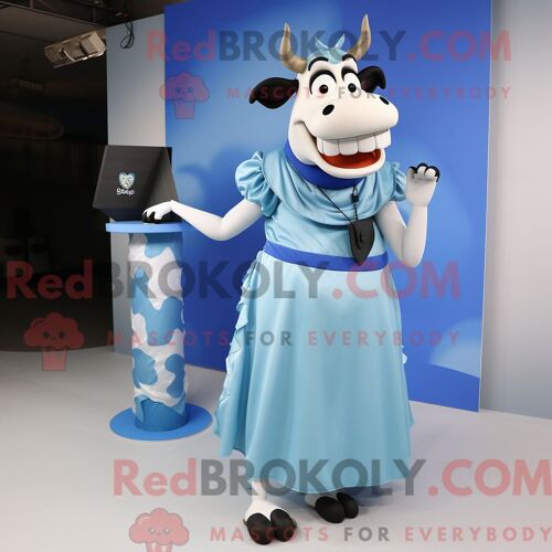 Costume De Mascotte Redbrokoly De Vache Holstein Bleue Habillé Avec Une Jupe Longue Et Des Pochettes