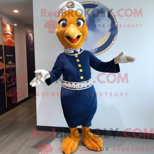 Costume De Mascotte Redbrokoly De Poulet Au Beurre Bleu Marine Personnage Habillé Avec Des Leggings Et Des Broches