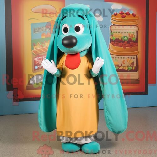 Personnage Mascotte Redbrokoly D Un Hot Dog Bleu Sarcelle Habillé D Une Maxi Jupe Et De Châles