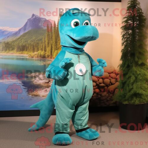 Personnage Mascotte Redbrokoly D Un Monstre Du Loch Ness Turquoise Habillé D Un Pantalon Chino Et De Broches