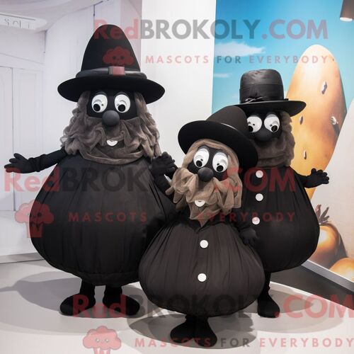 Costume Mascotte Redbrokoly De Pomme De Terre Noire Personnage Habillé Avec Une Robe Midi Et Des Chapeaux