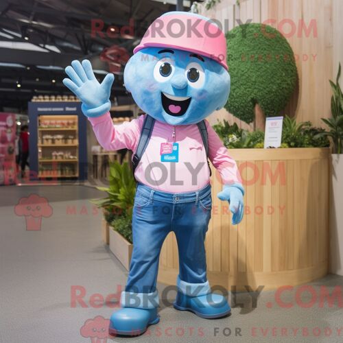 Costume De Mascotte Redbrokoly Bleu Ciel Rose Habillé Avec Un Short En Jean Et Des Gants