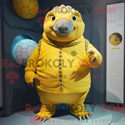 Costume De Mascotte Redbrokoly De Glyptodon Jaune Habillé D Un Polo Et D Épingles À Châle