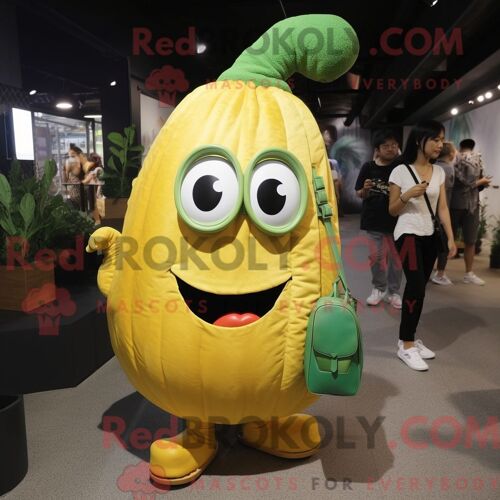 Costume Mascotte Redbrokoly De Melon Bleu Habillé D Un Manteau Et De Sacs À Dos