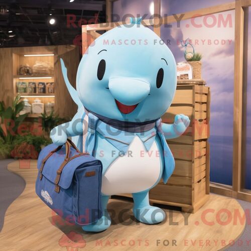 Costume De Mascotte Redbrokoly De Narval Bleu Ciel Habillé D Un Short Cargo Et De Sacs À Main