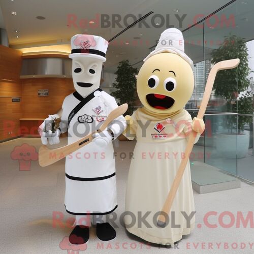Costume De Mascotte Redbrokoly De Bâton De Hockey Sur Glace Crème Personnage Habillé Avec Une Robe De Mariée Et Des Chapeaux