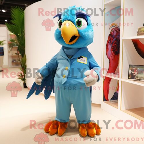 Costume De Mascotte Redbrokoly D Ara Bleu Ciel Personnage Habillé Avec Un Pantalon Chino Et Des Épingles À Cheveux