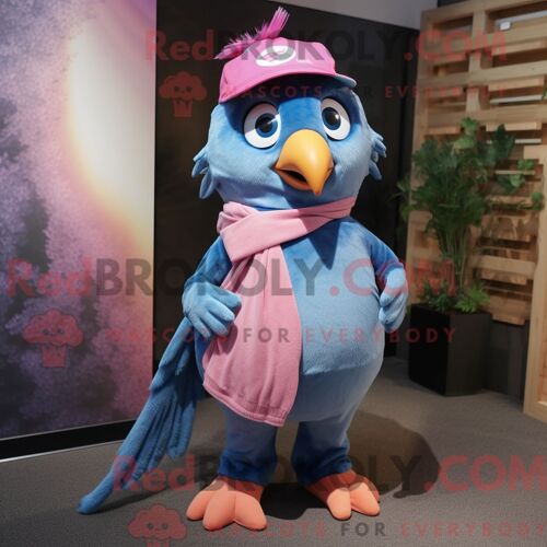 Costume De Mascotte Redbrokoly De Geai Bleu Rose Personnage Habillé D Une Salopette Et D Écharpes