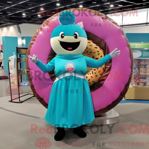 Costume De Mascotte Redbrokoly De Beignet Turquoise Habillé D Une Jupe Longue Et D Un Porte-Monnaie