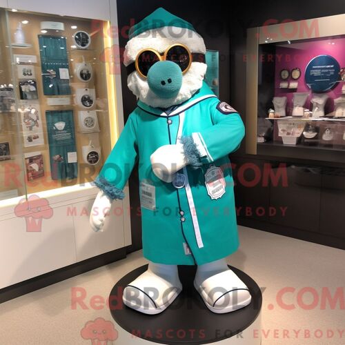 Costume De Mascotte Redbrokoly De Docteur Turquoise Personnage Habillé D Une Chemise De Rugby Et D Épingles À Châle