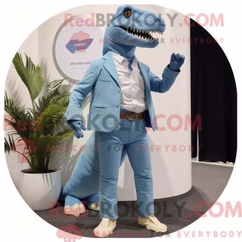 Costume Mascotte Redbrokoly De Tyrannosaure Bleu Ciel Personnage Habillé Avec Un Jean Skinny Et Des Pochettes De Costume