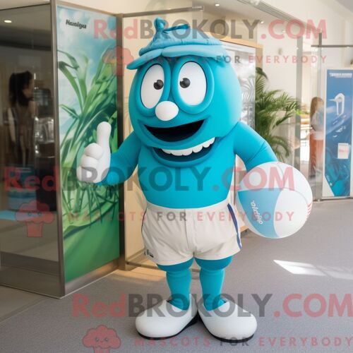 Personnage De Costume De Mascotte Redbrokoly De Ballon De Rugby Cyan Habillé Avec Un Short Et Des Ceintures De Smoking