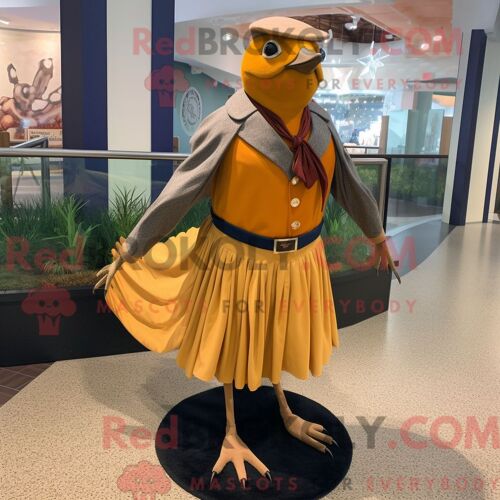 Costume De Mascotte Redbrokoly De Pigeon Voyageur Doré Habillé D Une Jupe Circulaire Et D Épingles À Cravate