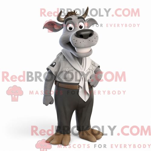 Costume De Mascotte Redbrokoly De Vache En Jersey Gris Personnage Habillé Avec Une Chemise Habillée Et Des Ceintures