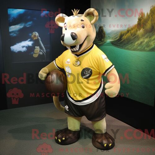 Costume Mascotte Redbrokoly De Tapir Doré Personnage Habillé Avec Une Chemise De Rugby Et Des Pinces À Chaussures