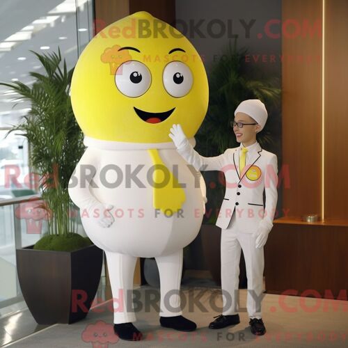 Mascotte Redbrokoly De Personnage De Citron Blanc Habillé Avec Un Pantalon De Costume Et Des Montres