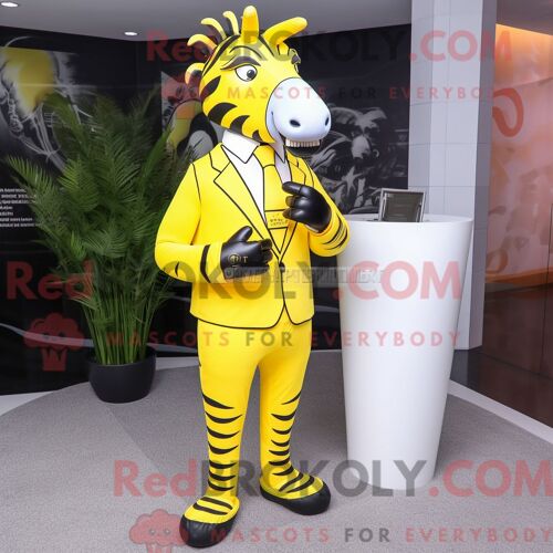 Personnage De Costume De Mascotte Redbrokoly De Zèbre Jaune Citron Habillé Avec Un Pantalon De Costume Et Des Épinglettes