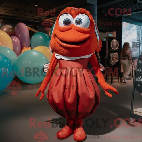 Costume De Mascotte Redbrokoly De Poisson Clown Marron Habillé Avec Une Mini Robe Et Des Bretelles