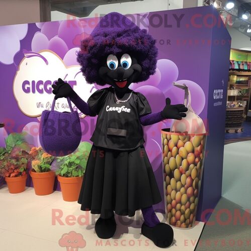 Costume Mascotte Redbrokoly De Raisin Noir Habillé Avec Une Jupe-Culotte Et Des Sacs À Main