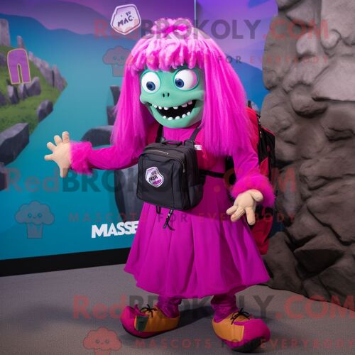 Costume De Mascotte Redbrokoly De Monstre De Magenta Frankenstein Habillé Avec Une Jupe Longue Et Des Sacs À Dos
