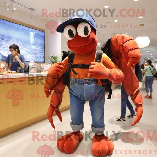 Personnage Mascotte Redbrokoly D Une Bisque De Homard Habillée D Un Short En Jean Et De Sacs À Dos