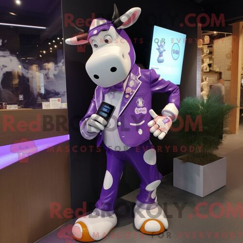 Mascotte Redbrokoly De Vache Holstein Violette Habillée D Un Blazer Et De Montres Numériques