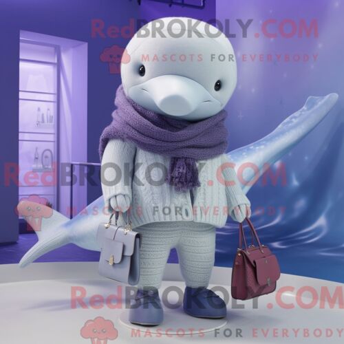 Personnage De Costume De Mascotte Redbrokoly De Baleine Bleue Lavande Habillé Avec Un Pull Et Des Sacs À Main